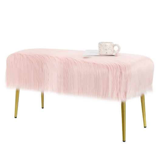 Upholstered Faux Fur Vanity Stool with Golden Legs for Makeup Room-Pink