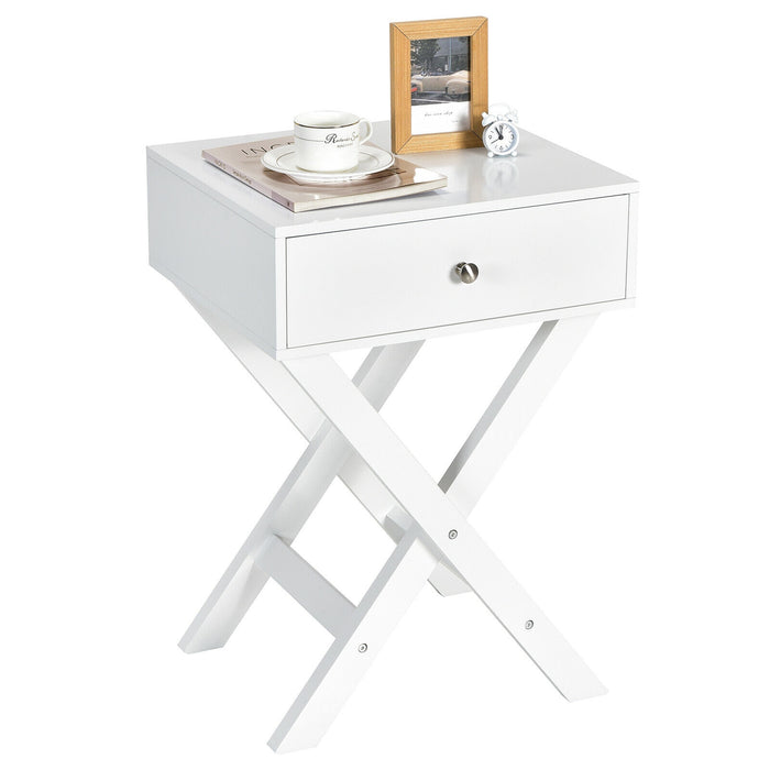 Modern X-Shaped Nightstand with Drawer for Living Room Bedroom-White