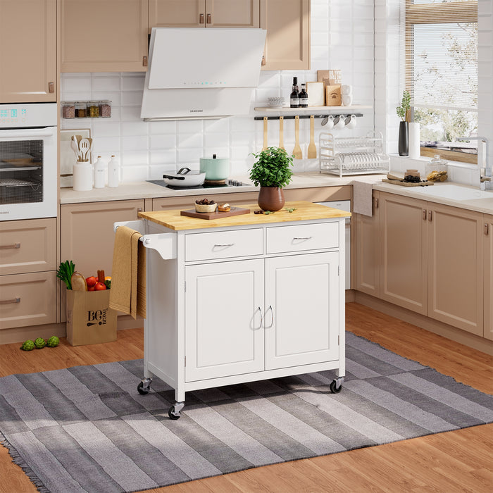 Modern Rolling Kitchen Cart Island with Wooden Top-White