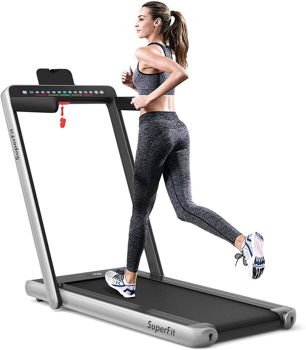 2-in-1 Electric Motorized Health and Fitness Folding Treadmill with Dual Display-Silver