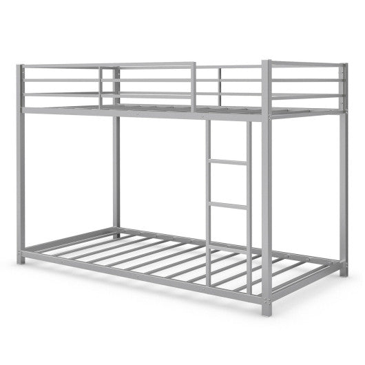 Sturdy Metal Bunk Bed Frame Twin Over Twin with Safety Guard Rails and Side Ladder-Silver