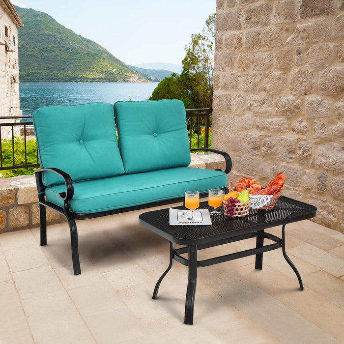 2PCS Patio Loveseat Bench Table Furniture Set with Cushioned Chair-Turquoise