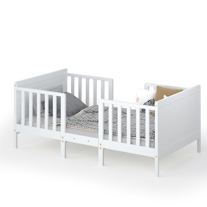 2-in-1 Convertible Kids Wooden Bedroom Furniture with Guardrails-White