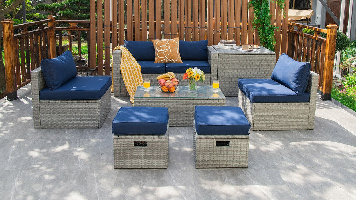 8 Pieces Patio Rattan Furniture Set with Storage Waterproof Cover and Cushion-Navy