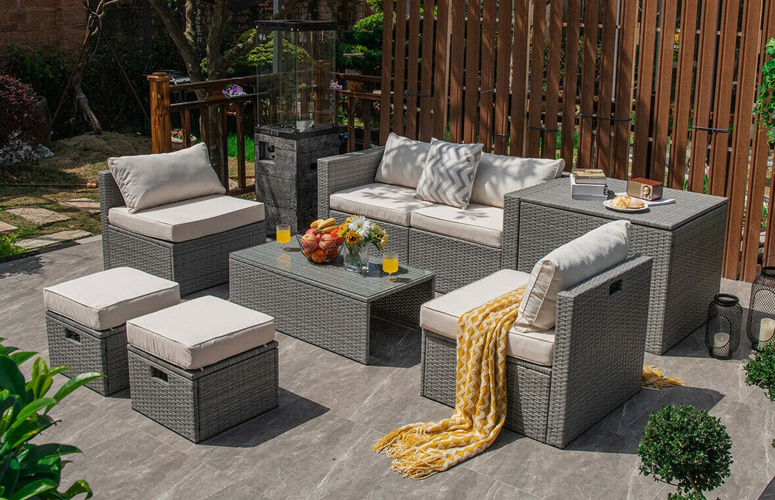 8 Pieces Patio Rattan Furniture Set with Storage Waterproof Cover and Cushion-Off White