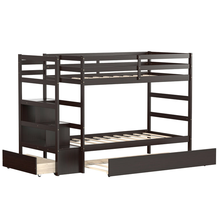 Twin Over Twin Bunk Bed with Storage Shelf and Drawer-Dark Brown