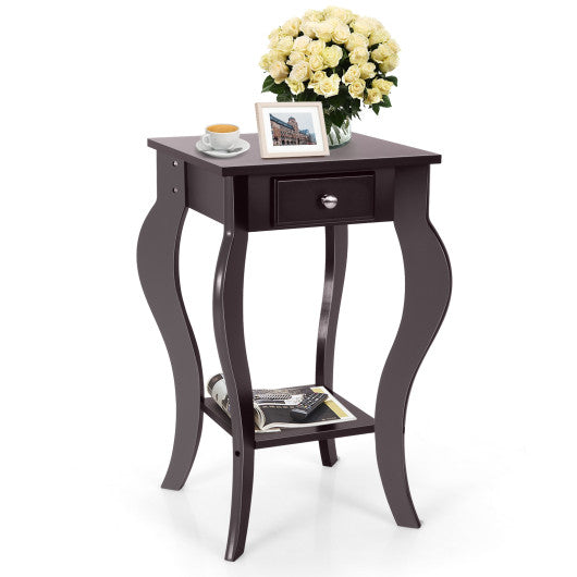 2-Tier End Table with Drawer and Shelf for Living Room Bedroom-Brown