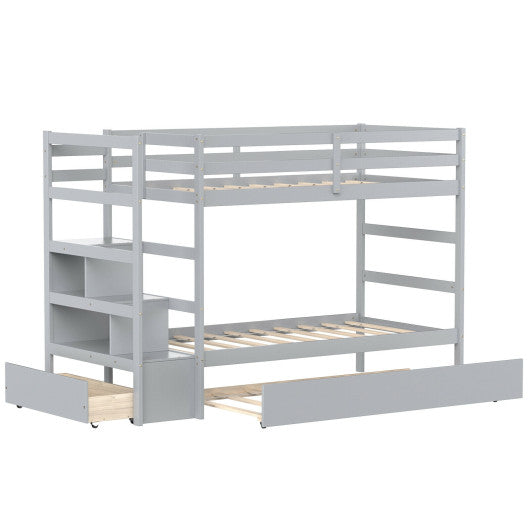 Twin Over Twin Bunk Bed with Storage Shelf and Drawer-Light Gray