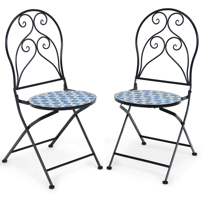 2 Pieces Patio Folding Mosaic Bistro Chairs with Blue Floral Pattern