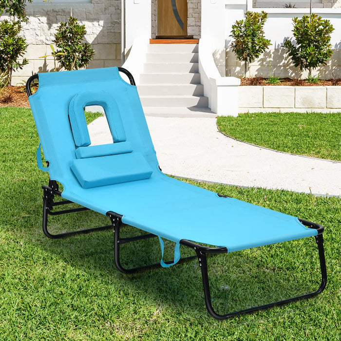 Outdoor Folding Chaise Beach Pool Patio Lounge Chair Bed with Adjustable Back and Hole-Turquoise