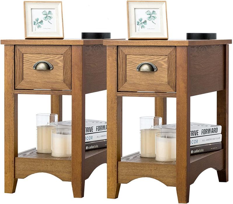 Set of 2 Contemporary Side End Table with Drawer -Natural