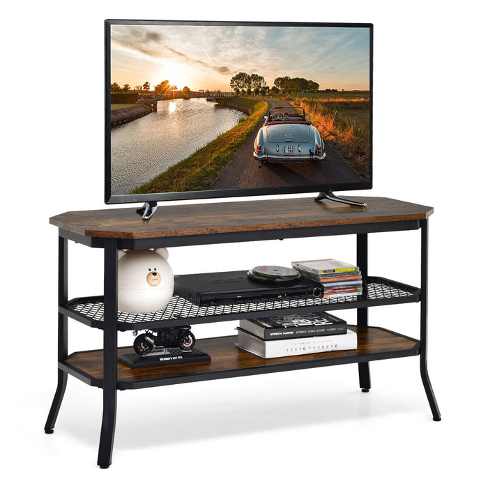 3-tier Console Table TV Stand with Mesh Storage Shelf-Rustic Brown