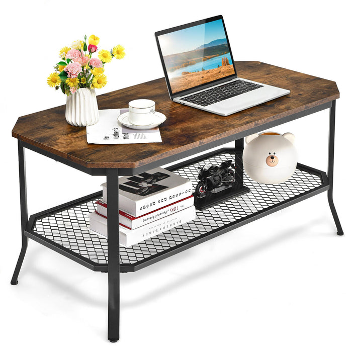 2-Tier Industrial Coffee Table with Open Mesh Storage Shelf for Living Room-Rustic Brown