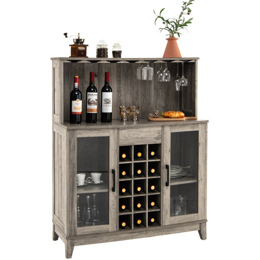 Storage Bar Cabinet with Framed Tempered Glass Door-Gray