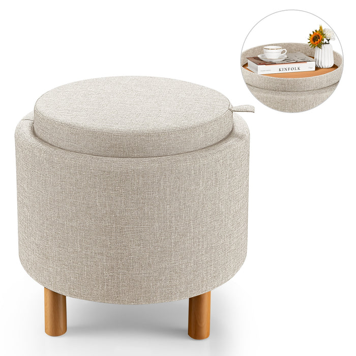 Round Fabric Storage Ottoman with Tray and Non-Slip Pads for Bedroom-Beige