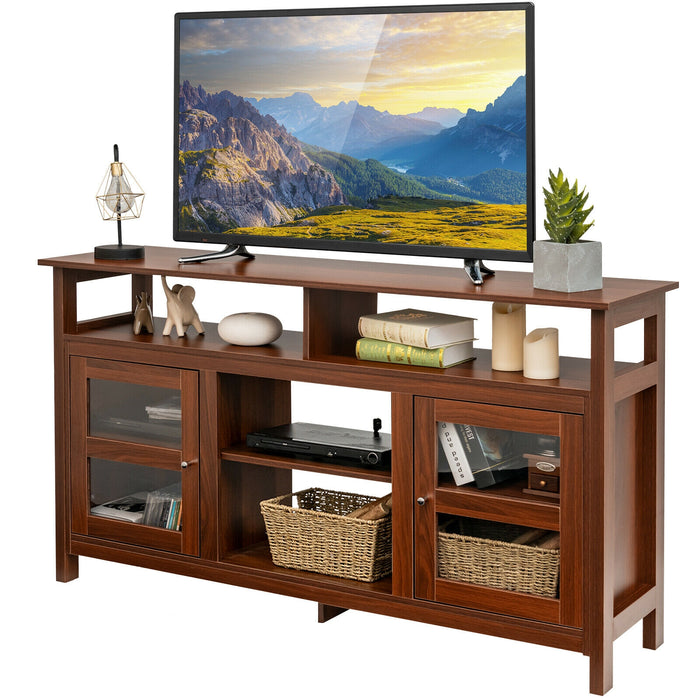 58 Inch TV Stand Console Center with 2 Cabinets and Open Shelf-Walnut