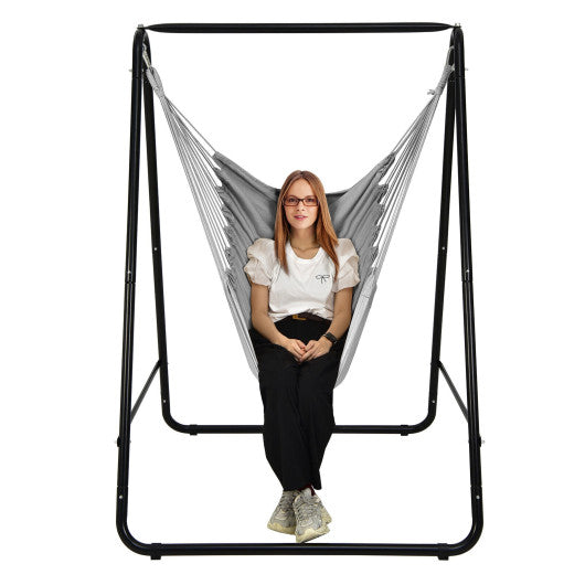 Hanging Padded Hammock Chair with Stand and Heavy Duty Steel-Gray