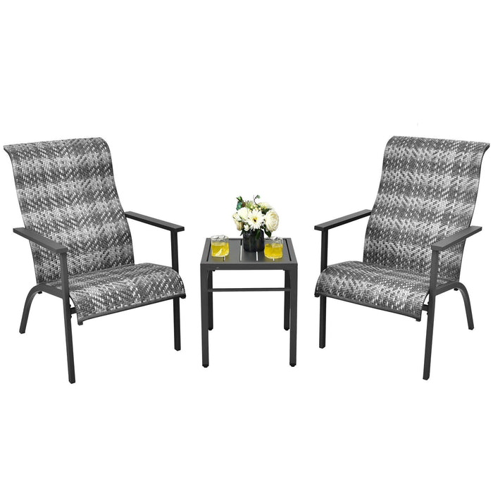 3 Pieces Patio Rattan Bistro Set with High Backrest and Armrest-Gray