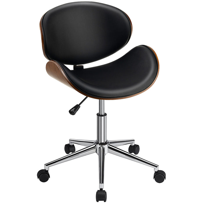 Adjustable Leather Office Chair Swivel Bentwood Desk Chair with Curved Seat-Black