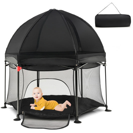 53 Inch Outdoor Baby Playpen with Canopy and Carrying Bag Portable Play Yard Toddlers-Black