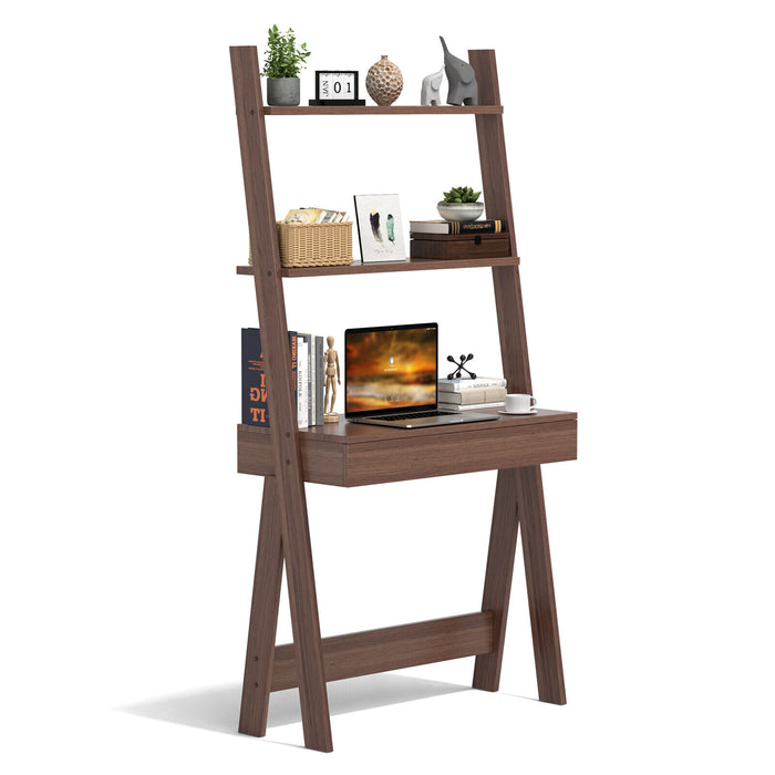 Ladder Shelf Desk Bookcase with Countertop  Drawer and 2 Shelves-Walnut