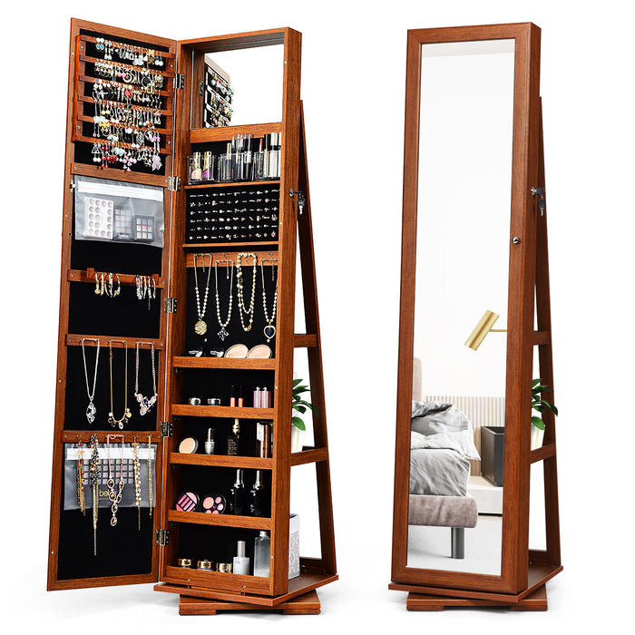 360Â° Rotatable 2-in-1 Lockable Jewelry Cabinet with Full-Length Mirror-Brown