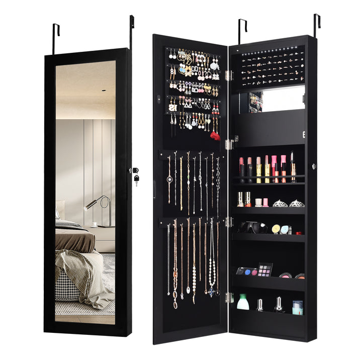 Lockable Wall Door Mounted Mirror Jewelry Cabinet w/LED Lights-Black