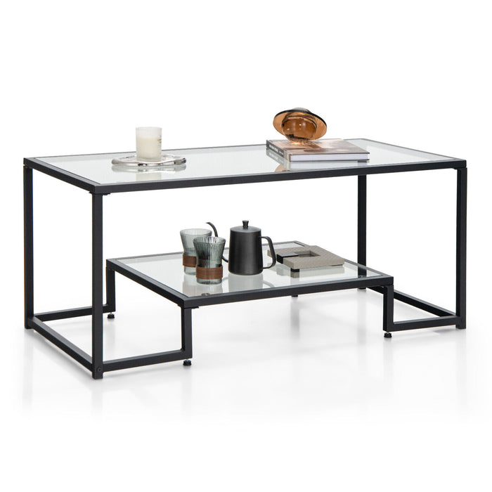 Modern 2-Tier Rectangular Coffee Table with Glass Table Top-Black