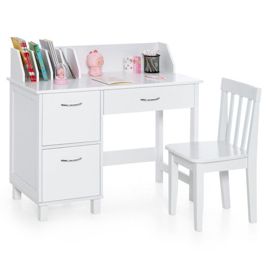 Kids Wooden Writing Furniture Set with Drawer and Storage Cabinet-White