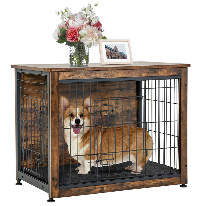 Wooden Dog Crate Furniture with Double Door and Tray-Brown