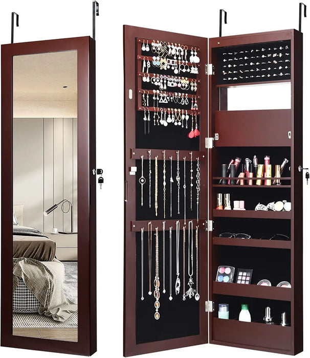 Lockable Wall Door Mounted Mirror Jewelry Cabinet w/LED Lights-Brown