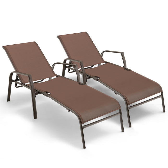 2 Pieces Patio Folding Chaise Lounge Chair Set with Adjustable Back-Brown