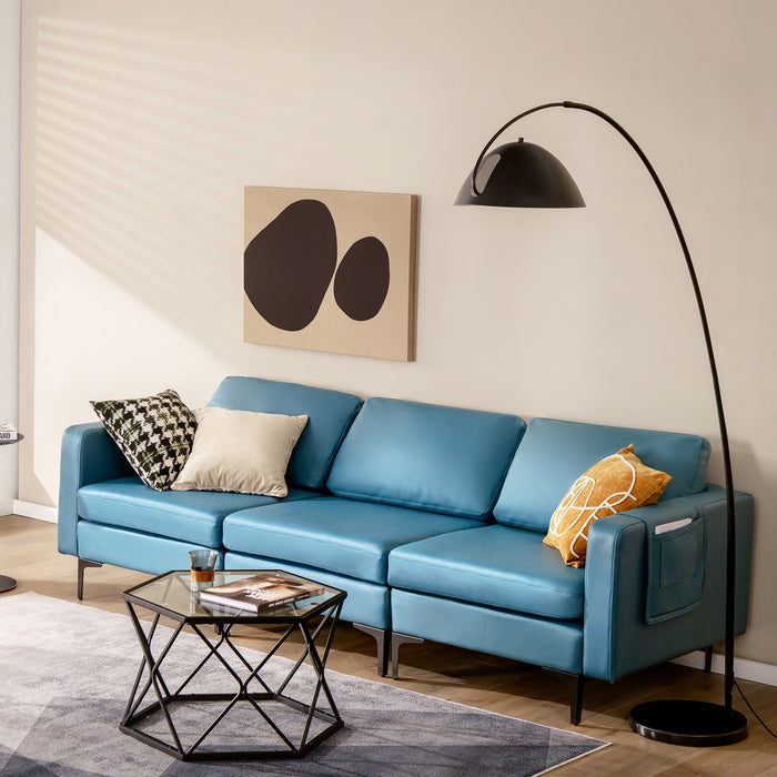 3-Seat Sectional Sofa Couch with Armrest Magazine Pocket and Metal Leg-Blue