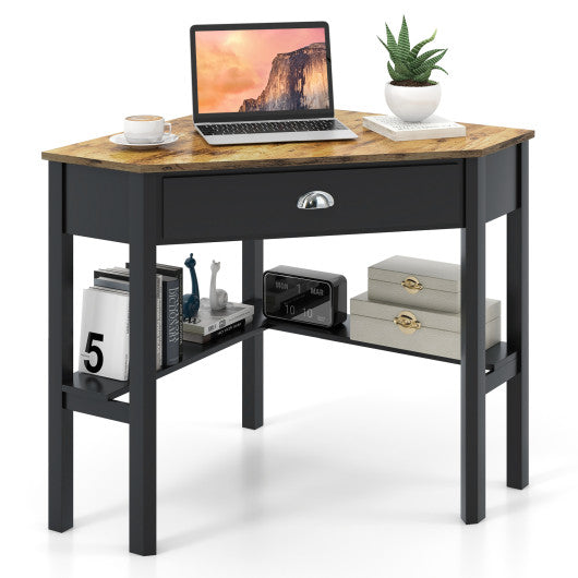 Corner Wooden Piece Laptop Computer Desk-Rustic Brown