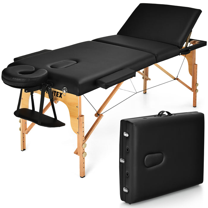 3 Fold Portable Adjustable Massage Table with Carry Case-Black