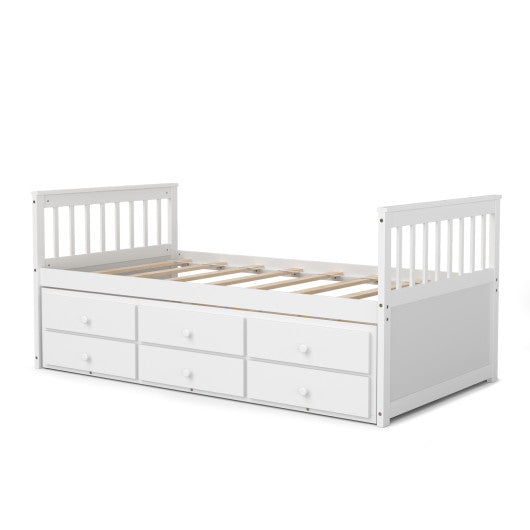 Twin Captainâ€™s Bed with Trundle and 3 Storage Drawers-White