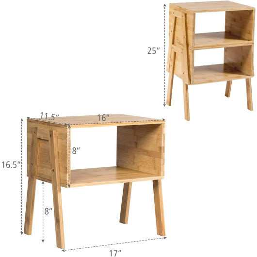 2 Pieces Bamboo Nightstand Sofa Table with Storage Shelf