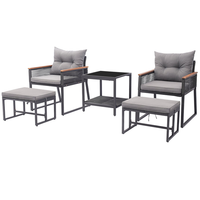 5 Piece Outdoor Rattan Conversation Set with 2-Layer Side Table and 2 Ottomans-Gray