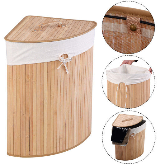 Corner Bamboo Hamper Laundry Basket-Natural