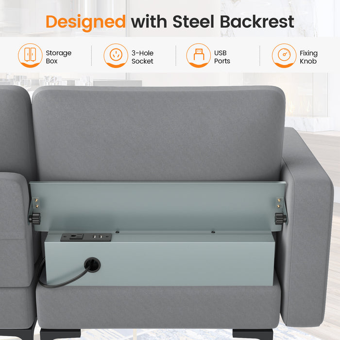 Modular 3-Seat Sofa Couch with Socket USB Ports and Side Storage Pocket-Gray