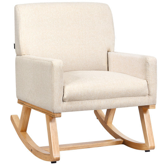 Upholstered Rocking Chair with and Solid Wood Base-Beige