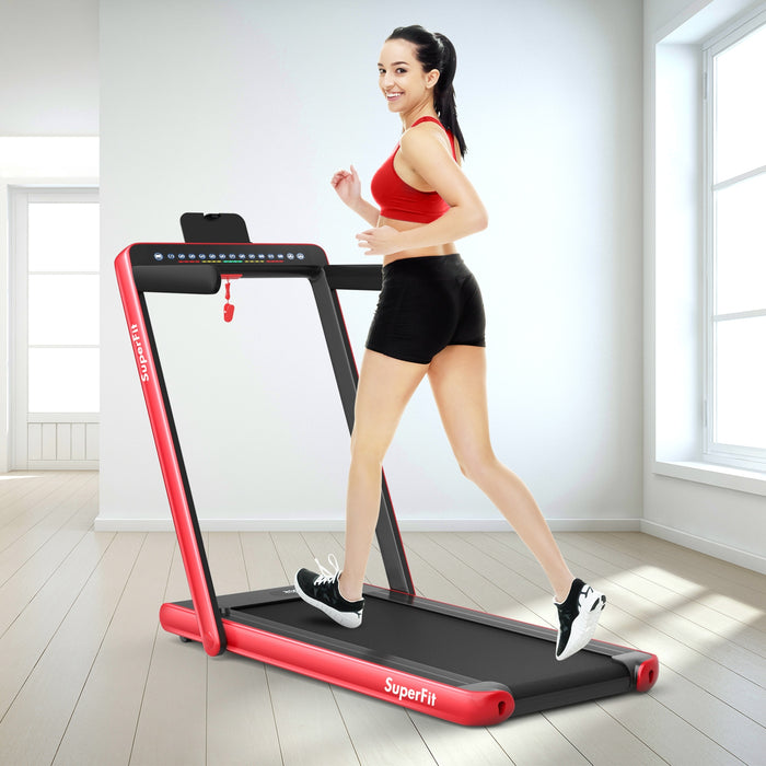 2-in-1 Electric Motorized Health and Fitness Folding Treadmill with Dual Display and Speaker-Red