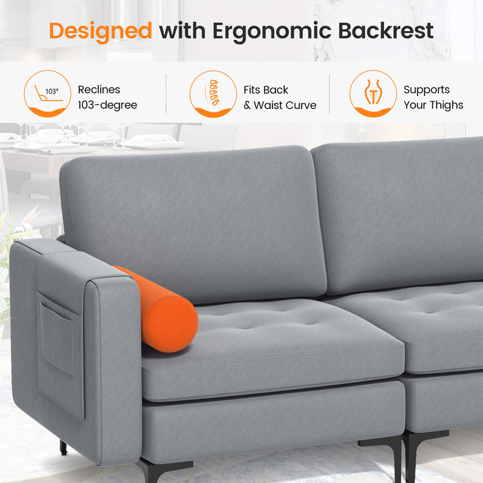 Modular 3-Seat Sofa Couch with Socket USB Ports and Side Storage Pocket-Gray