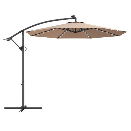 10 ft 360Â° Rotation Solar Powered LED Patio Offset Umbrella without Weight Base-Beige