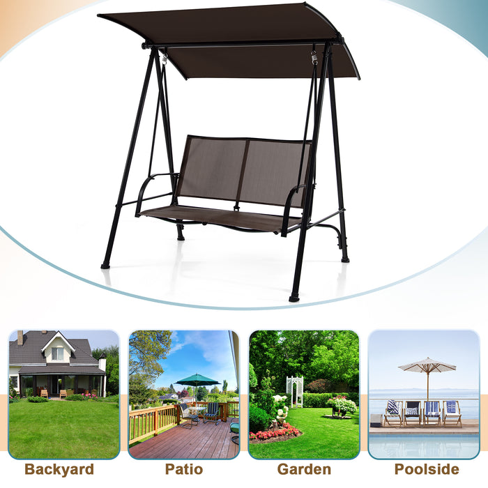 2-Seat Outdoor Canopy Swing with Comfortable Fabric Seat and Heavy-duty Metal Frame-Brown