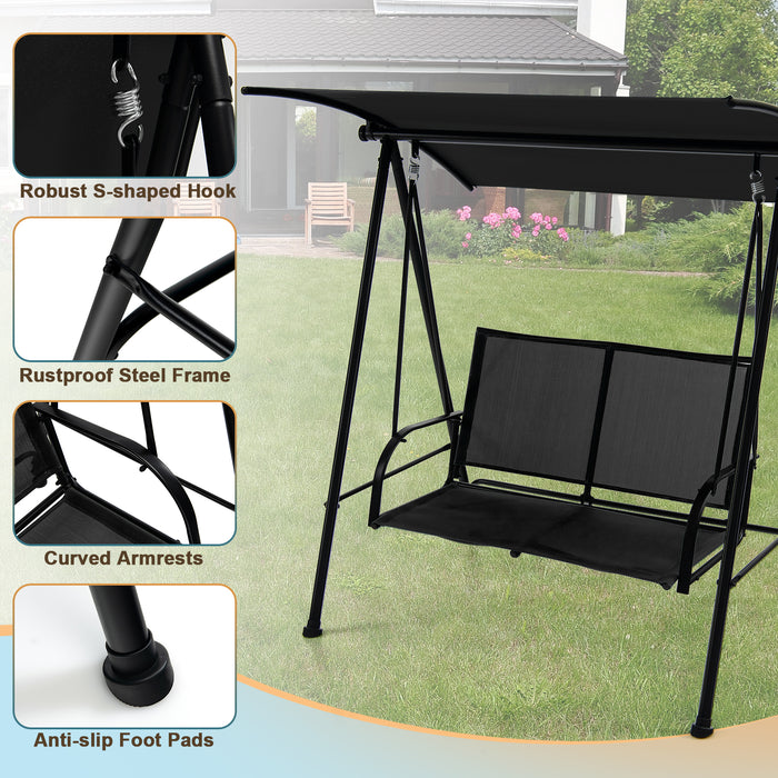 2-Seat Outdoor Canopy Swing with Comfortable Fabric Seat and Heavy-duty Metal Frame-Black