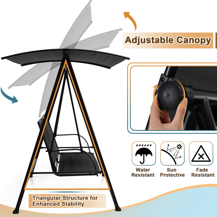 2-Seat Outdoor Canopy Swing with Comfortable Fabric Seat and Heavy-duty Metal Frame-Black