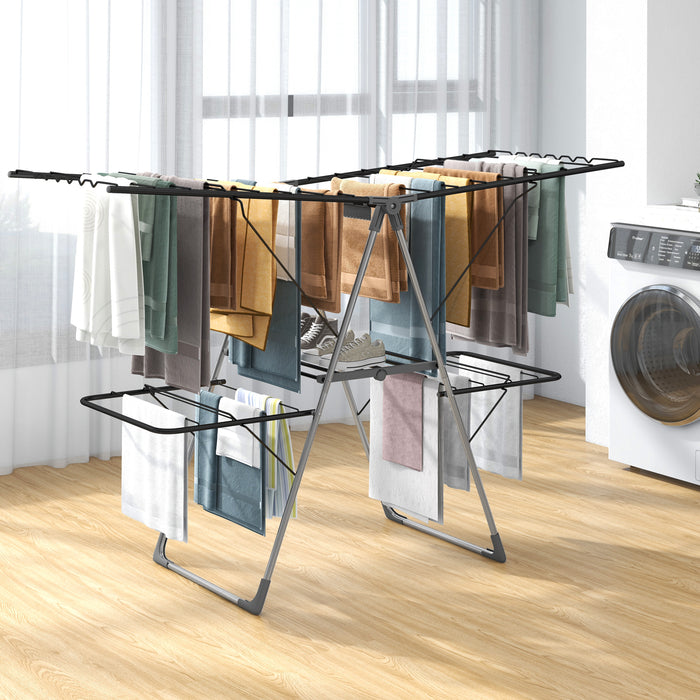 2-Tier Clothes Drying Rack with 33 Drying Rails and Height Adjustable Gullwings