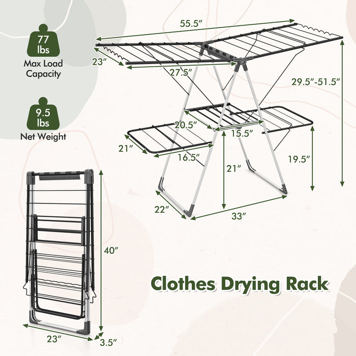 2-Tier Clothes Drying Rack with 33 Drying Rails and Height Adjustable Gullwings