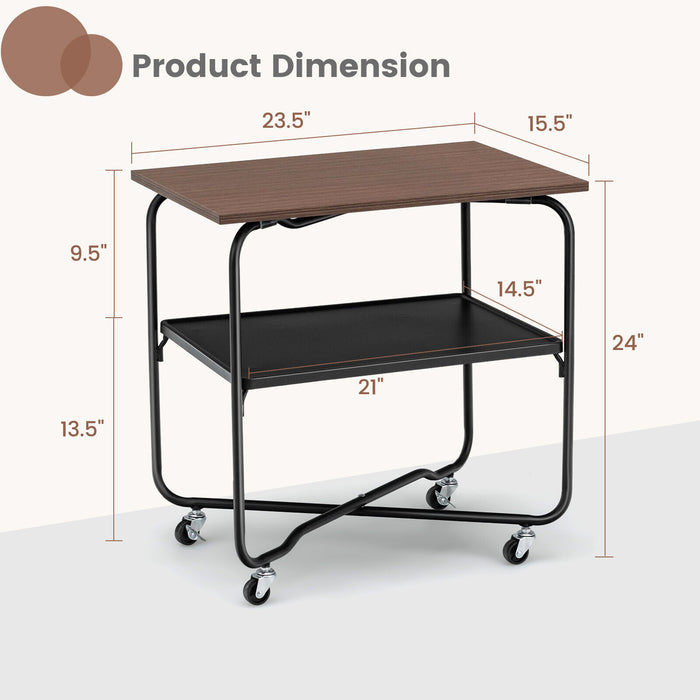 2-Tier End Table with Metal Storage Shelf and Foldable Frame-Brown